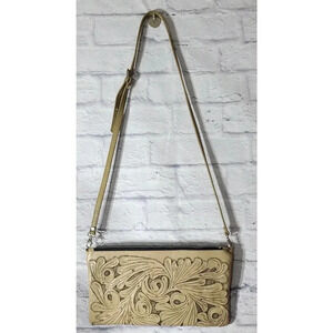 Origenes David Luna Women's Leather Shoulder Bag Purse Beige Tan Hand Tooled